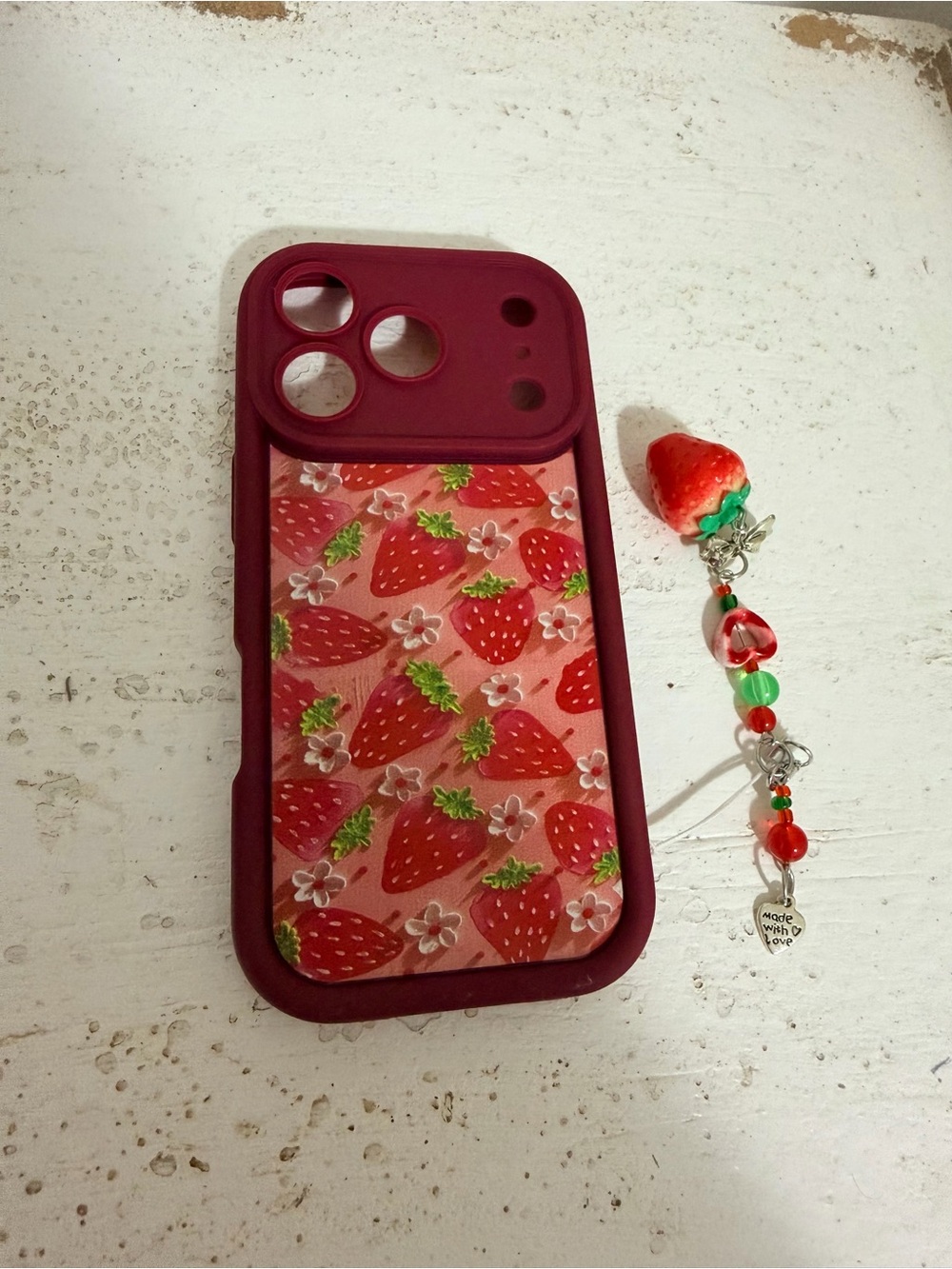 iPhone 17 Pro Strawberry Pattern Pink Phone Case with Charm